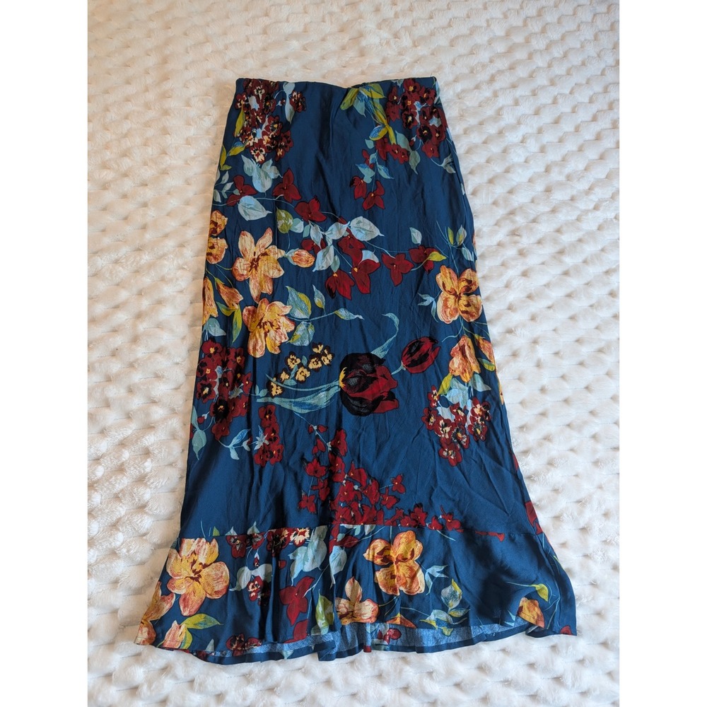 C/MEO Collective Blue Floral Maxi Skirt with Red and Yellow Flowers